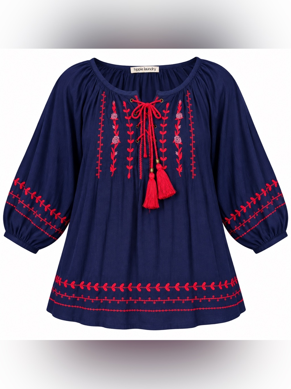hippie laundry navy tunic with red embroidered tassels
